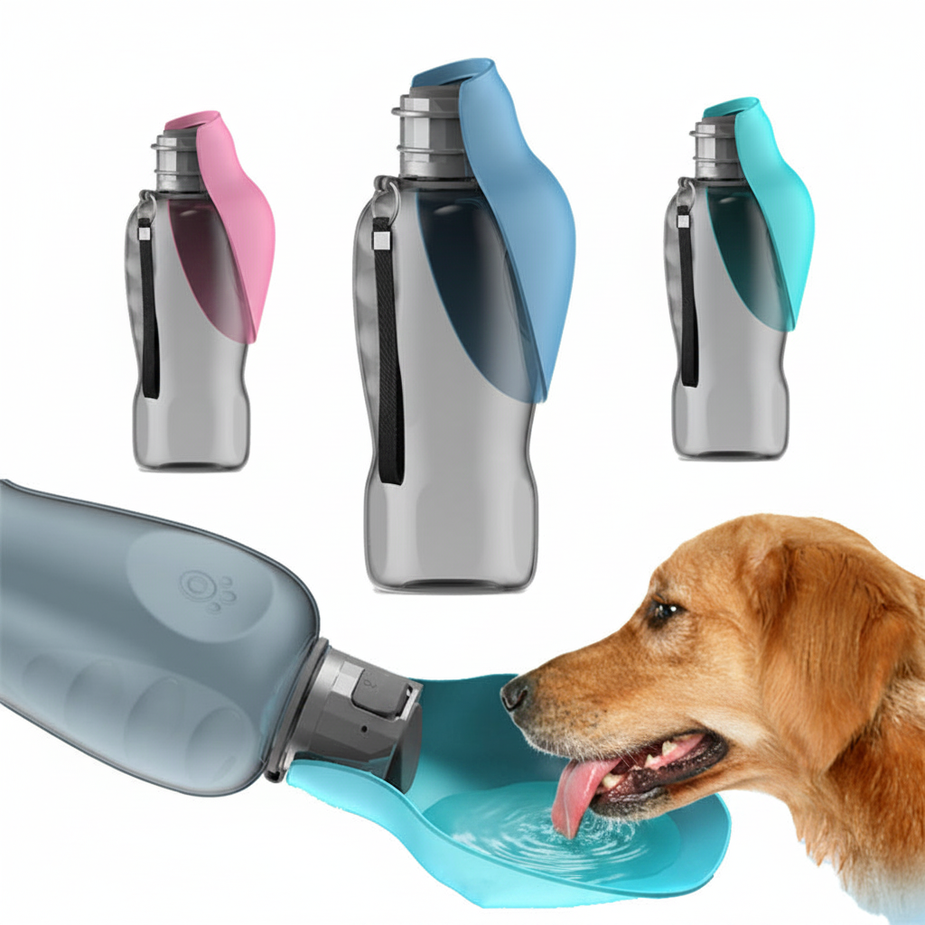 Gourde portable pour chien 800ml avec bol pliable intégré, disponible en rose, bleu et turquoise